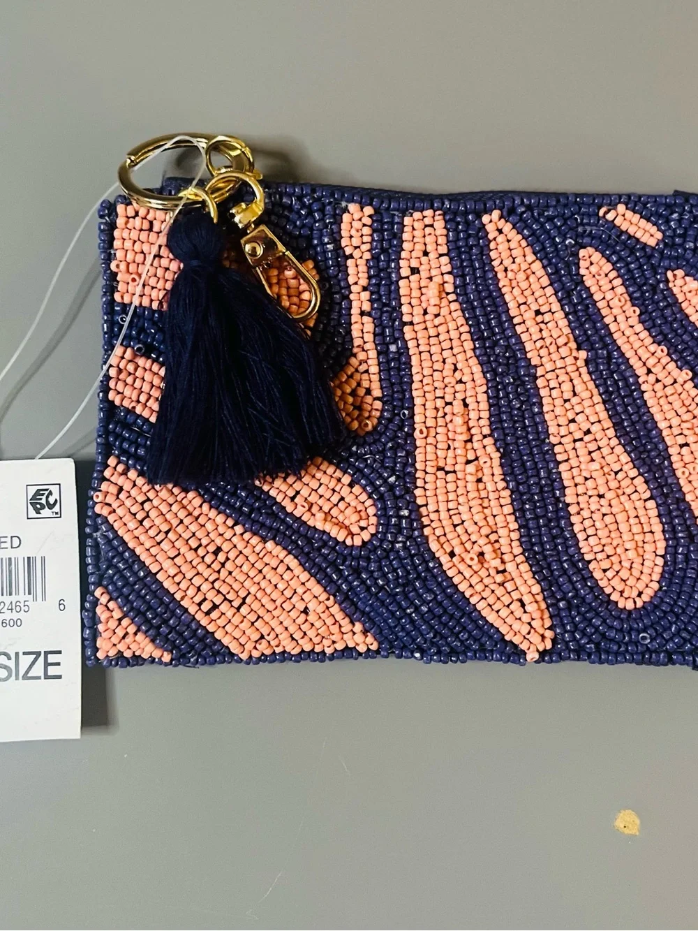 On 34th Beaded Coin Pouch Navy Pink Zebra Print NWT Tassel Keychain